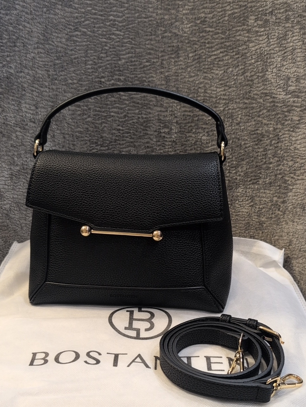 Bostanten Black Leather Top-Handle Bag with Gold Accent
